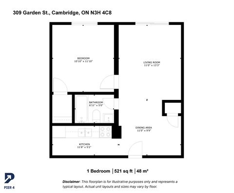 Floor plan for 1 bed, 1 bath, 521 sqft